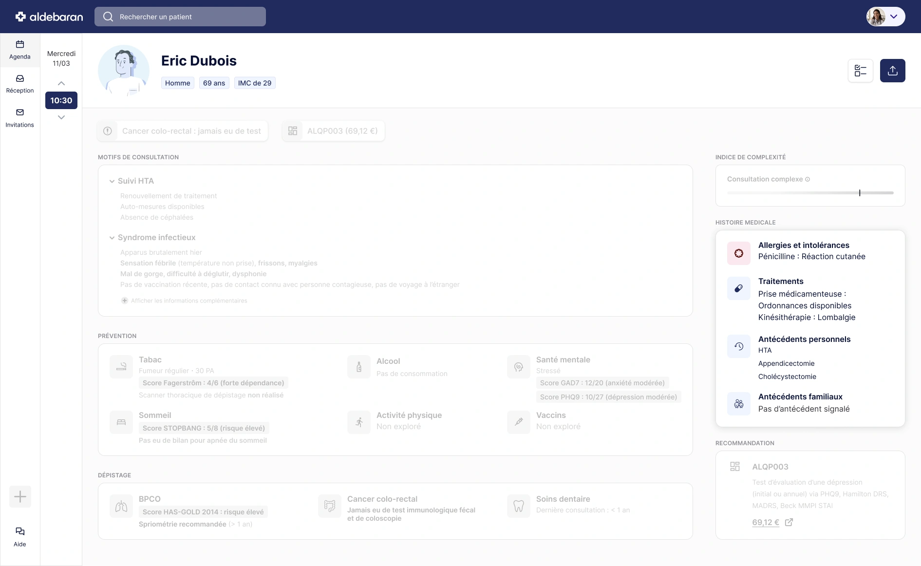 Questionnaires médicaux intelligents adaptés à la médecine générale Tableau de bord médical avec synthèses patients générées par IA Outils de prévention et dépistage intégrés à la pré-consultation médicale