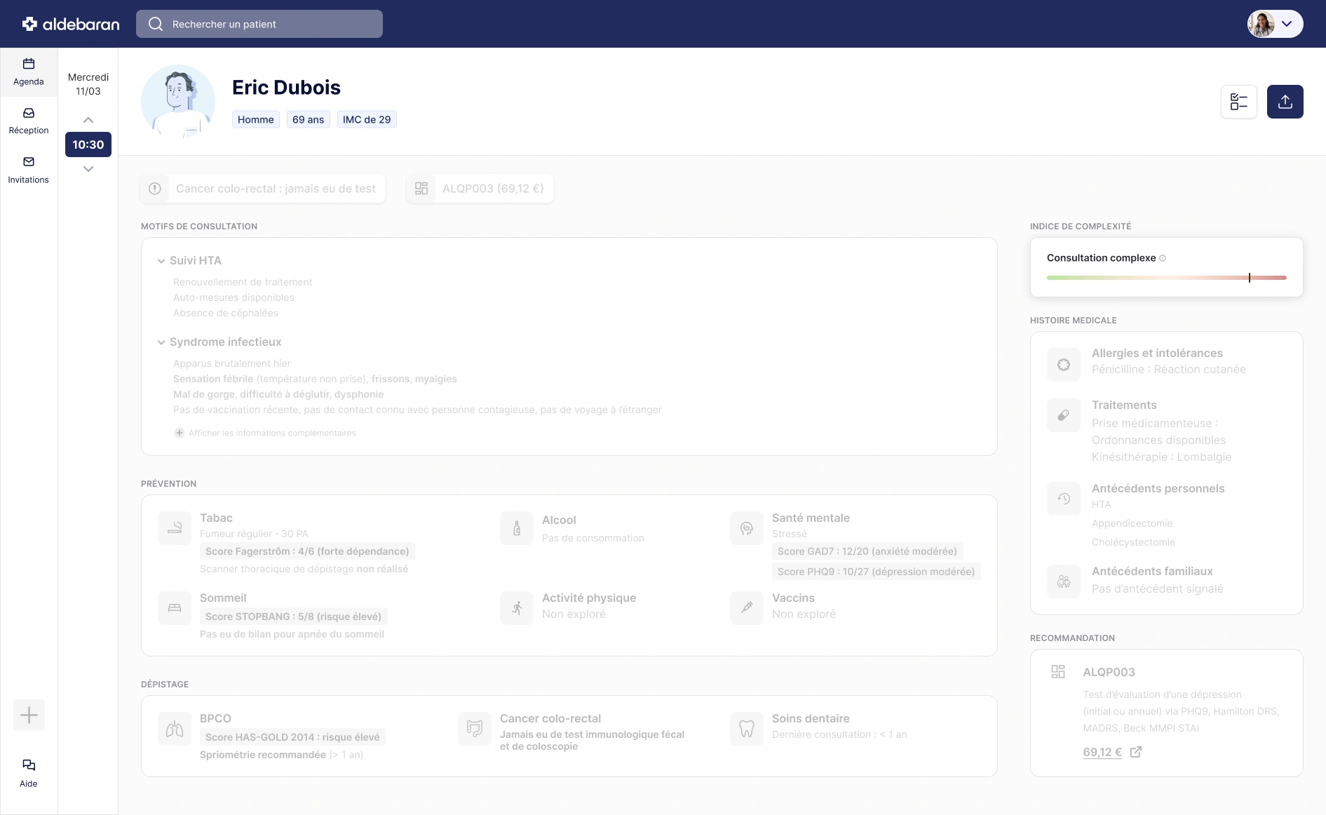 Interface Aldebaran : tableau de bord médecin avec synthèses médicales