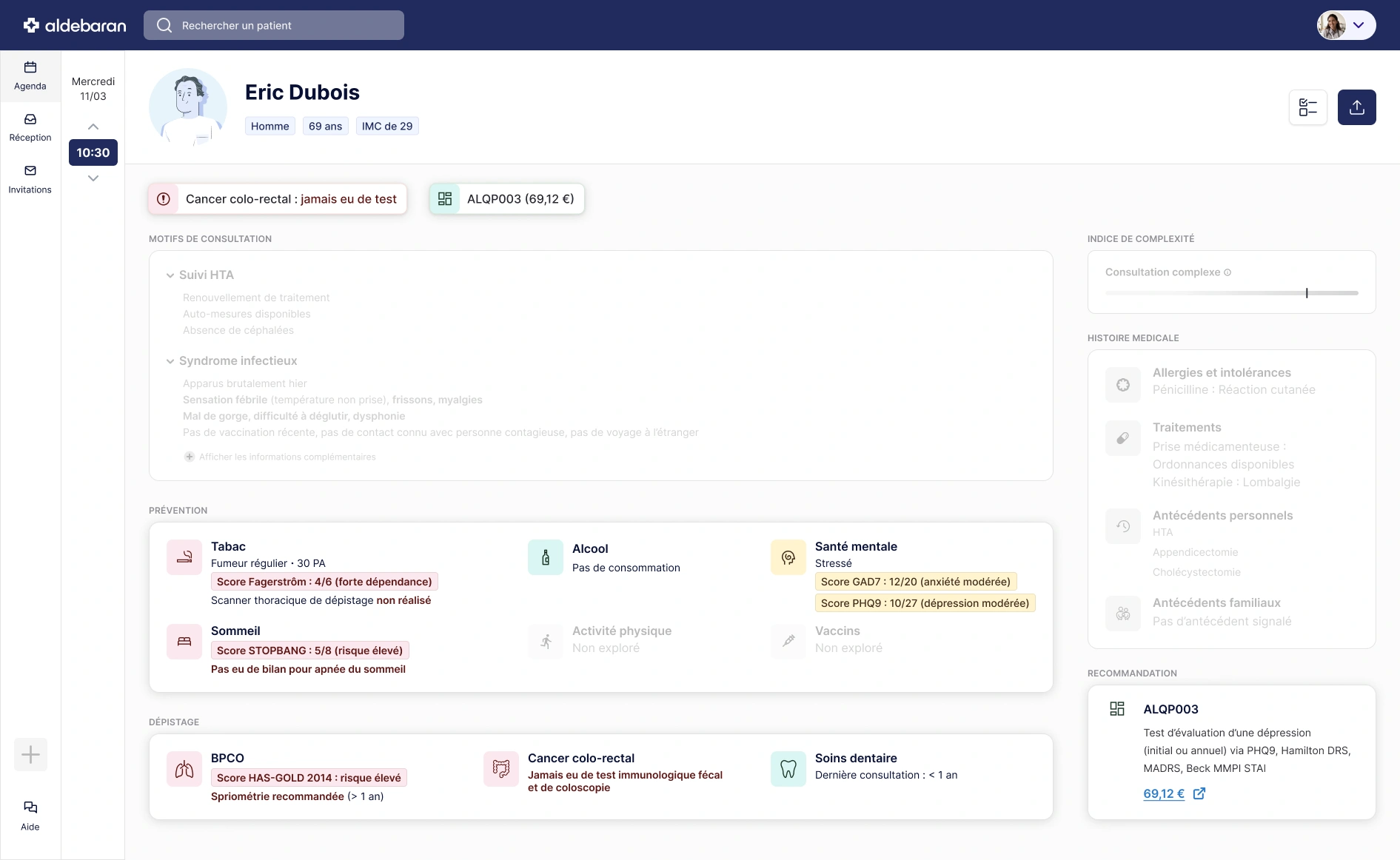 Questionnaires médicaux intelligents adaptés à la médecine générale Tableau de bord médical avec synthèses patients générées par IA Outils de prévention et dépistage intégrés à la pré-consultation médicale