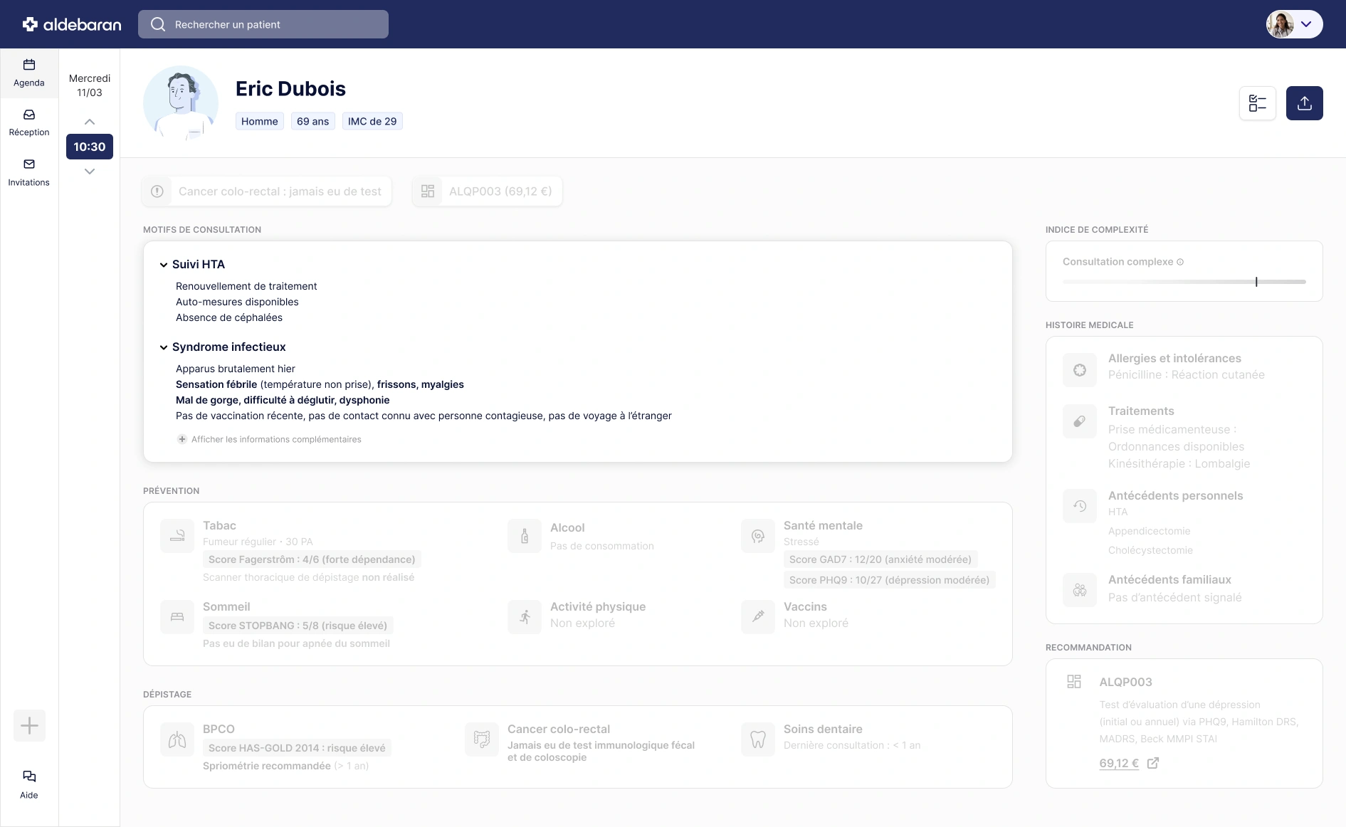Questionnaires médicaux intelligents adaptés à la médecine générale Tableau de bord médical avec synthèses patients générées par IA Outils de prévention et dépistage intégrés à la pré-consultation médicale